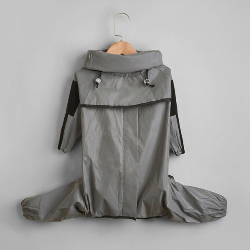 Gray raincoat with black accents on a hanger