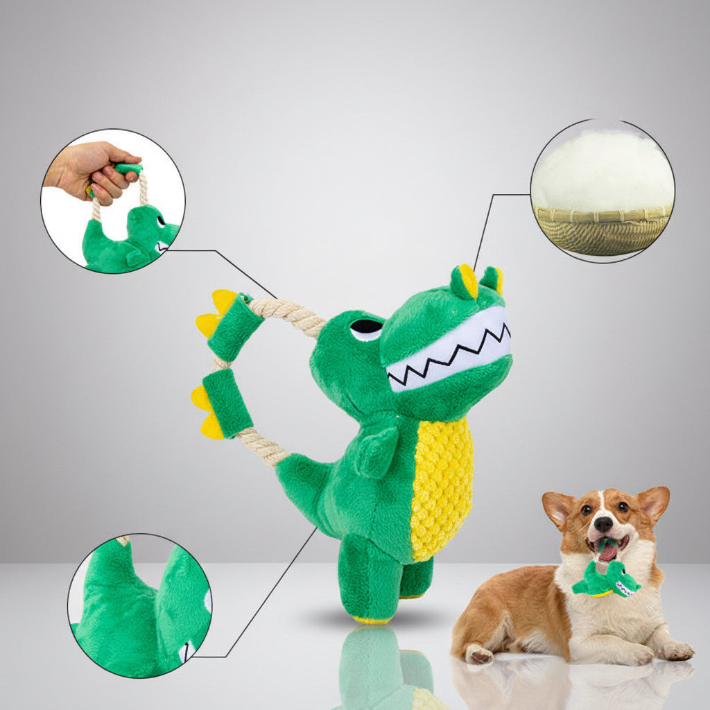 Green dinosaur-shaped dog toy with a rope, featuring close-up details and a dog sitting next to it.