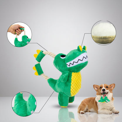 Green dinosaur-shaped dog toy with a rope, featuring close-up details and a dog sitting next to it.