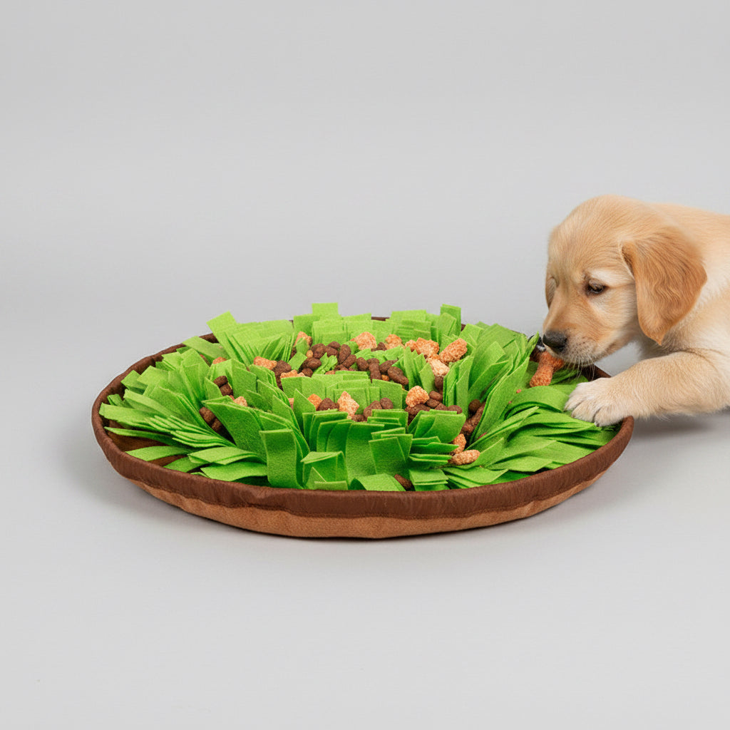 Green pet toy with brown base on a white background