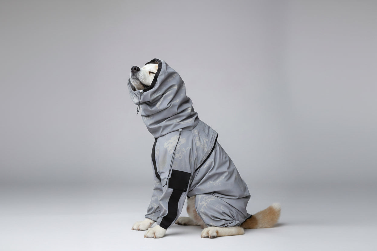 Dog wearing a gray raincoat on a carpeted floor.