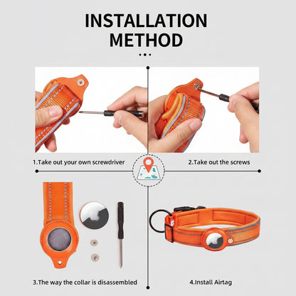 Step-by-step guide on installing an Airtag on a dog collar with tools and screws.