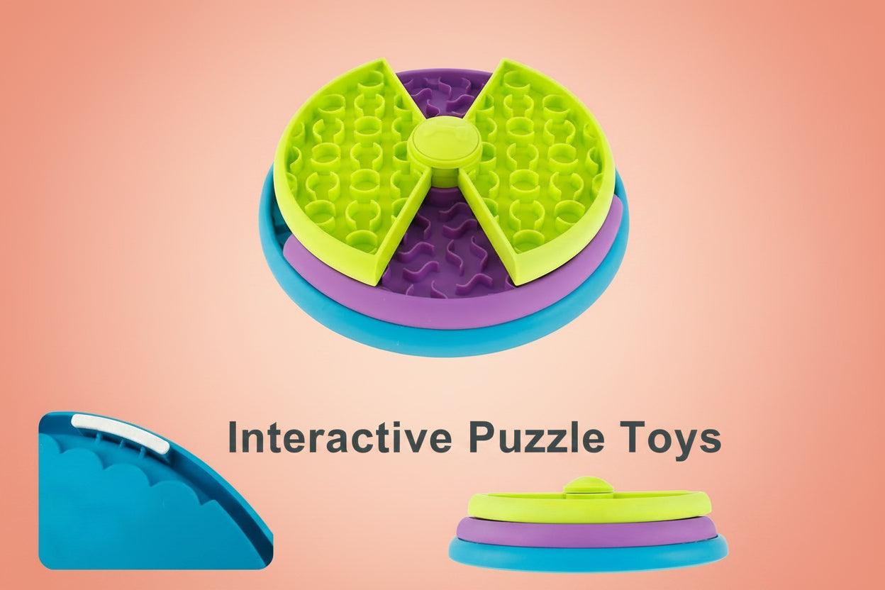 Colorful interactive puzzle toy with green, purple, and blue sections on a white background.