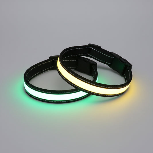 LED luminous waterproof dog collar with glowing strips on a dark background