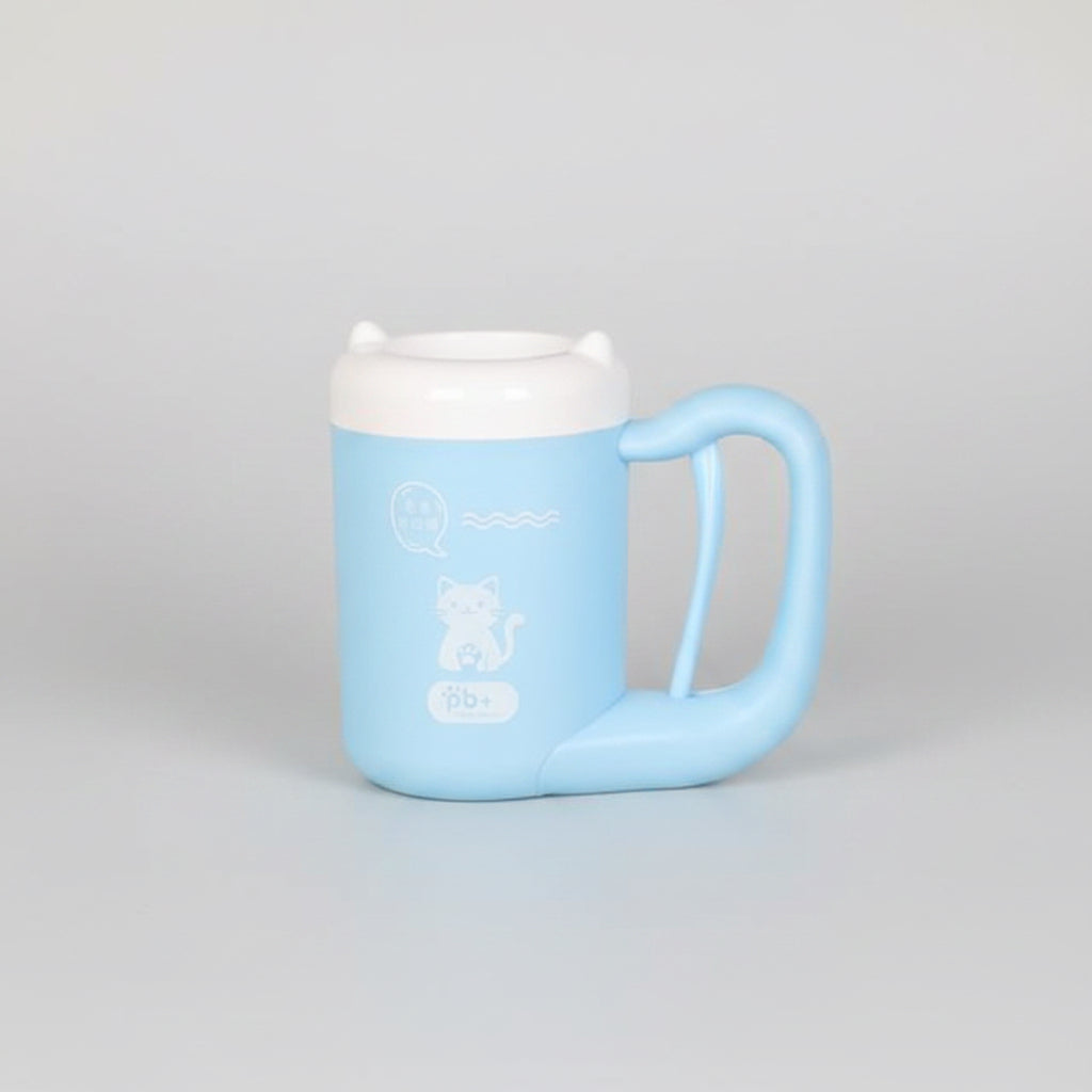 Light blue mug with a white lid on a wooden shelf against a light background