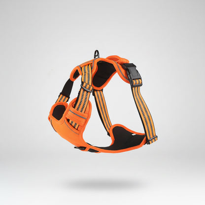 Orange and black dog harness on a white background