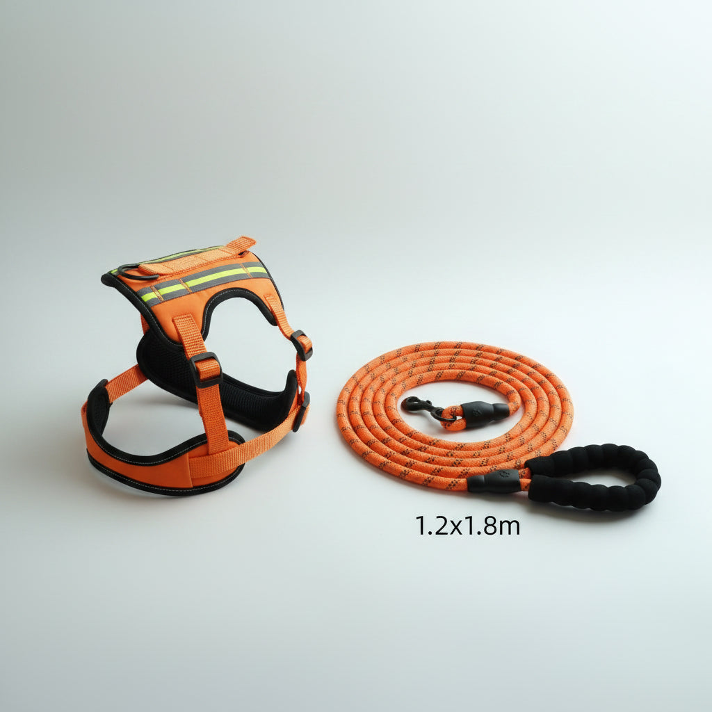 Orange dog harness and leash set on a white background