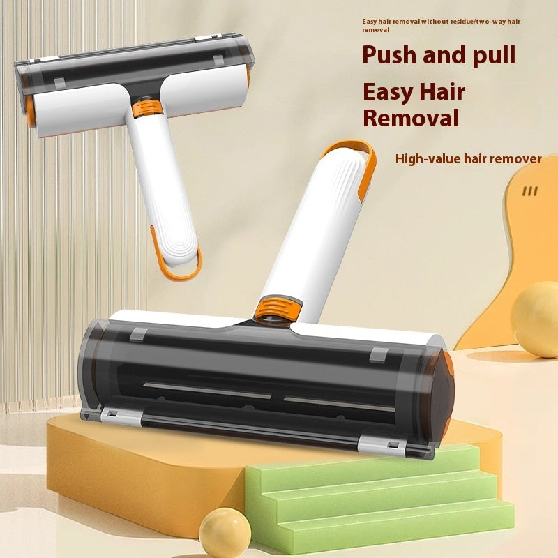 Hair removal tool with 'Push and pull' text on a neutral background