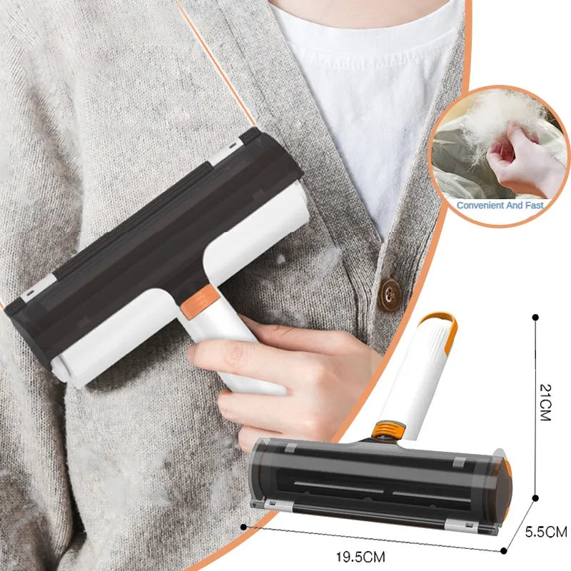 Person holding a cleaning tool with close-up inset and measurements