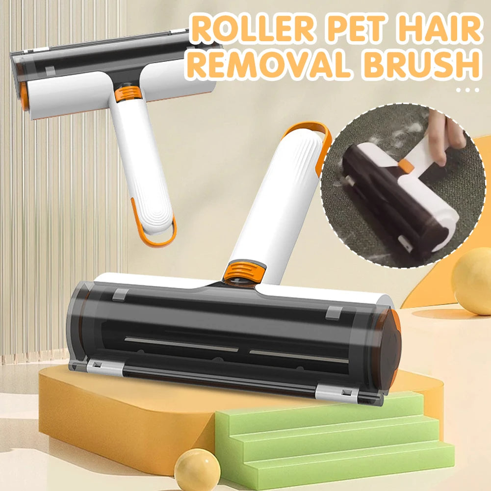 Roller pet hair removal brush with close-up inset on a neutral background