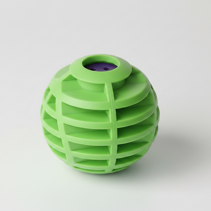 A green spherical pet toy with a slatted cage design and a purple inner cup, shown on a light gray background.