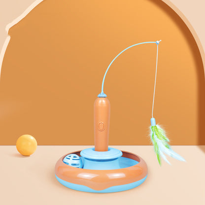 Pet toy with a fishing rod and feather on a beige background