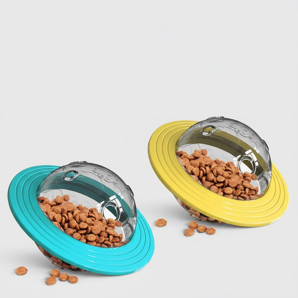 Pet toy with food inside, featuring a dog sniffing at it on a white background