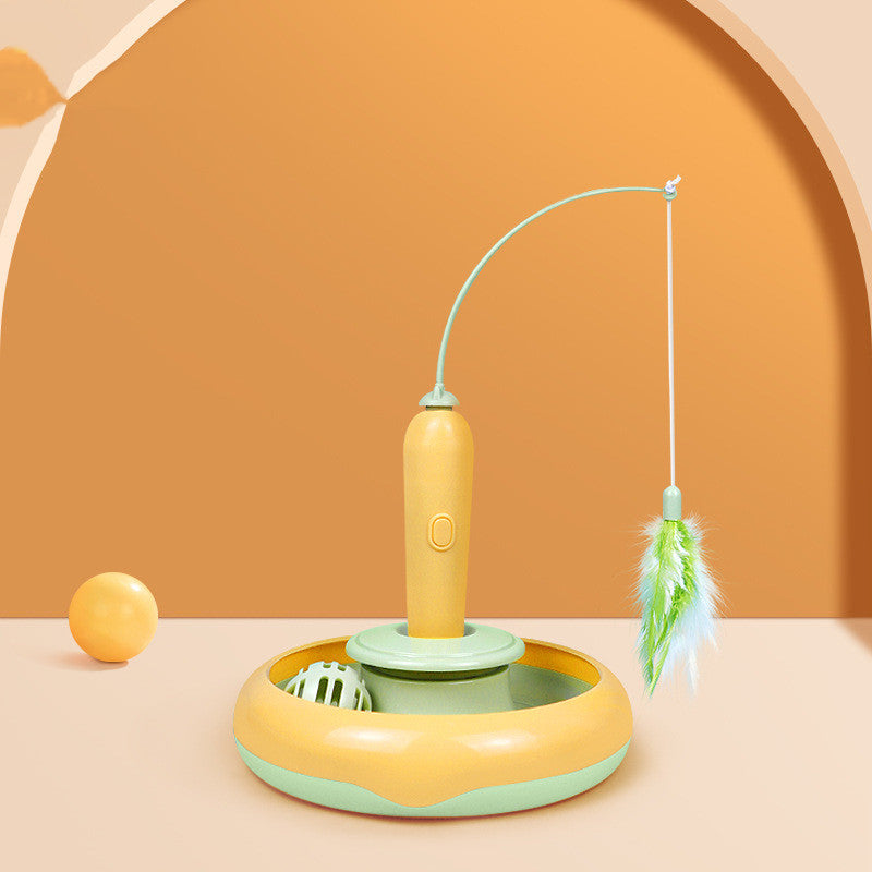 Pet toy with a yellow handle and green base on a peach background