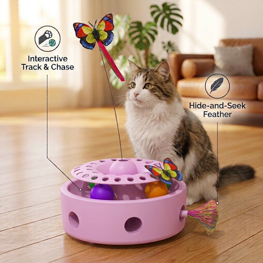 A calico and tabby cat watches a multi-functional interactive cat toy featuring a spinning ball track with purple and orange balls, a top-mounted butterfly wand, and a rainbow tassel feather. Callout icons label "Interactive Track & Chase" and "Hide-and-Seek Feather