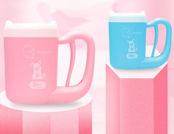 Two mugs, one pink and one blue, on a gradient pink background.
