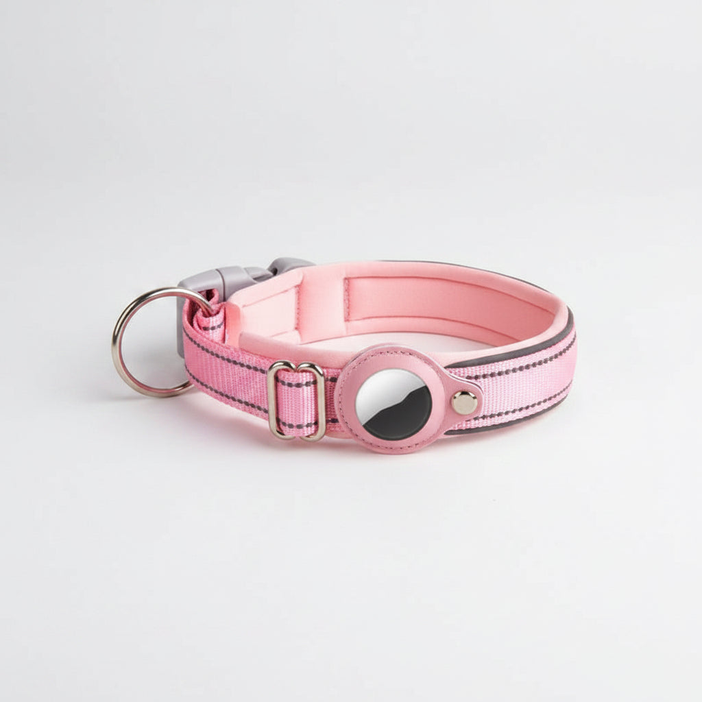 Pink dog collar with reflective strip on a white background