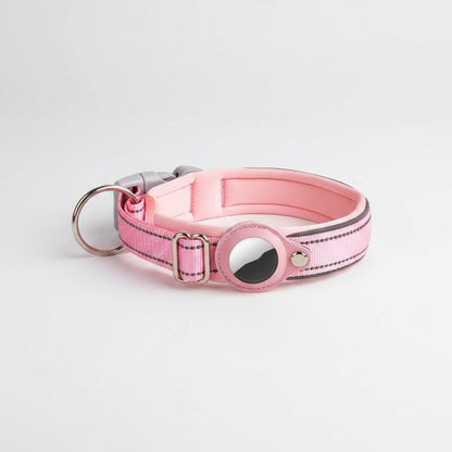Pink dog collar with reflective strip on a white background