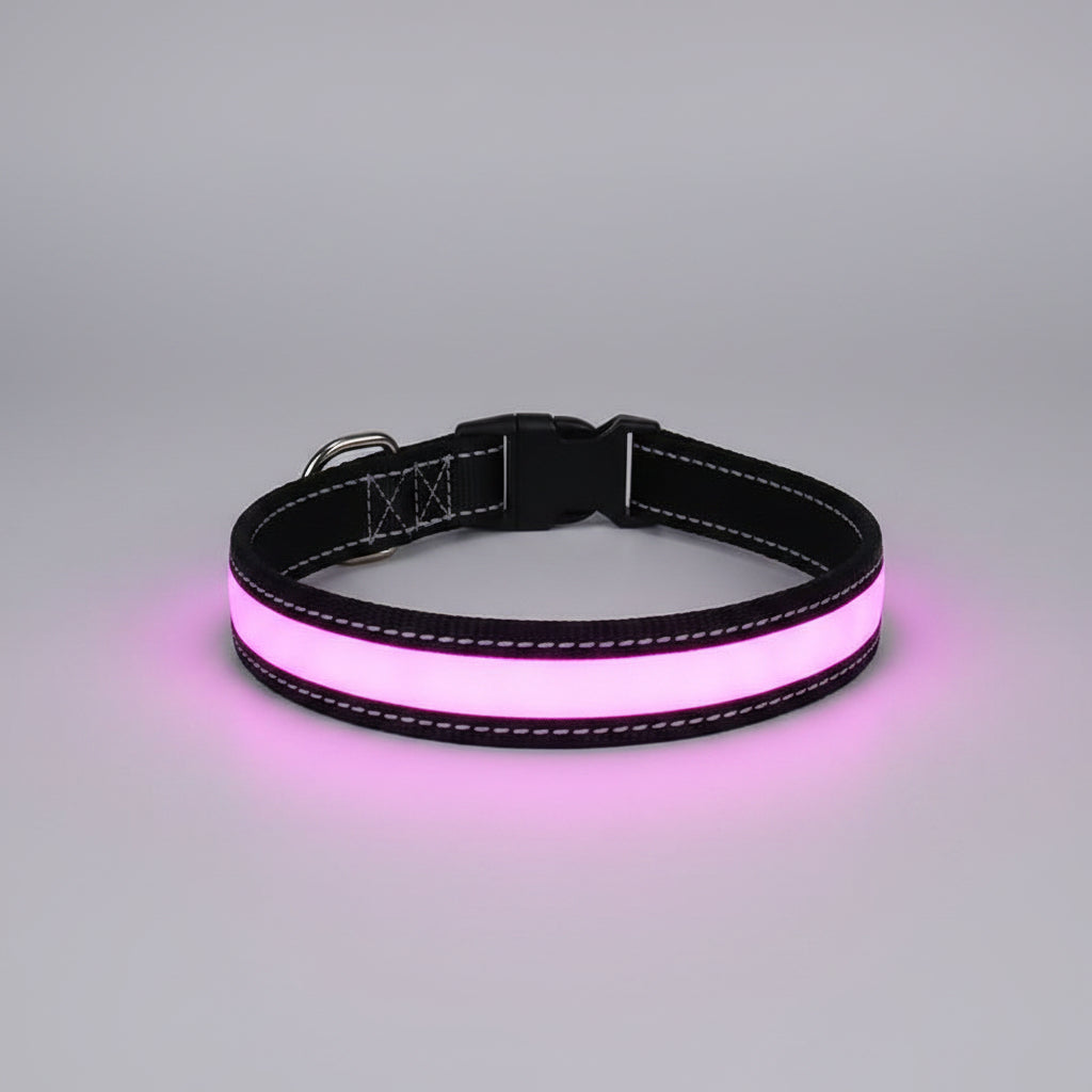 Pink LED dog collar on a wooden surface