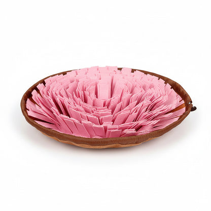 Pink pet food feeder with brown rim on a white background