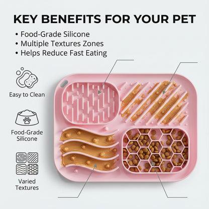 Pink silicone pet feeder with key benefits highlighted on a white background