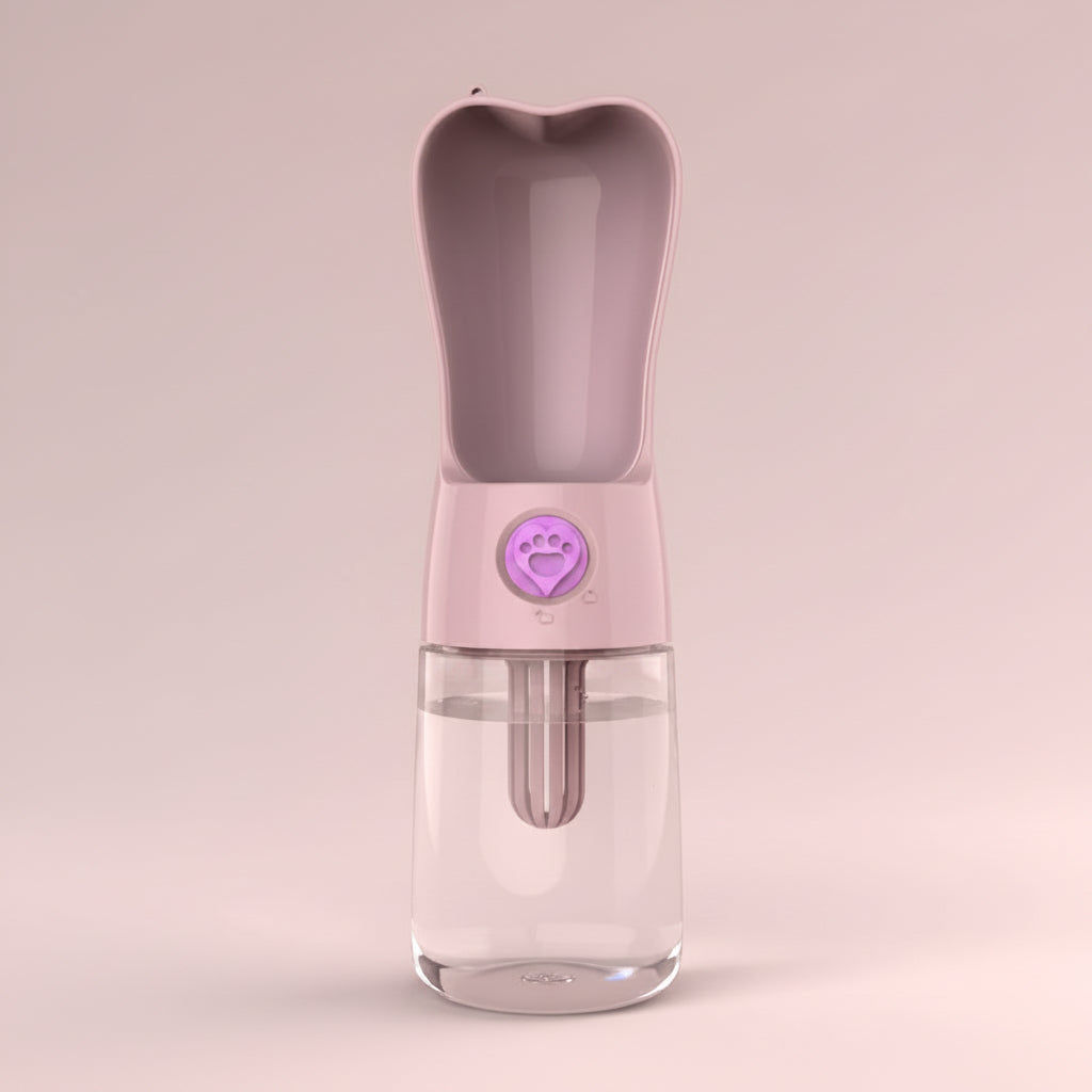 Pink pet water bottle with a paw icon on a white background