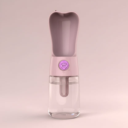 Pink pet water bottle with a paw icon on a white background
