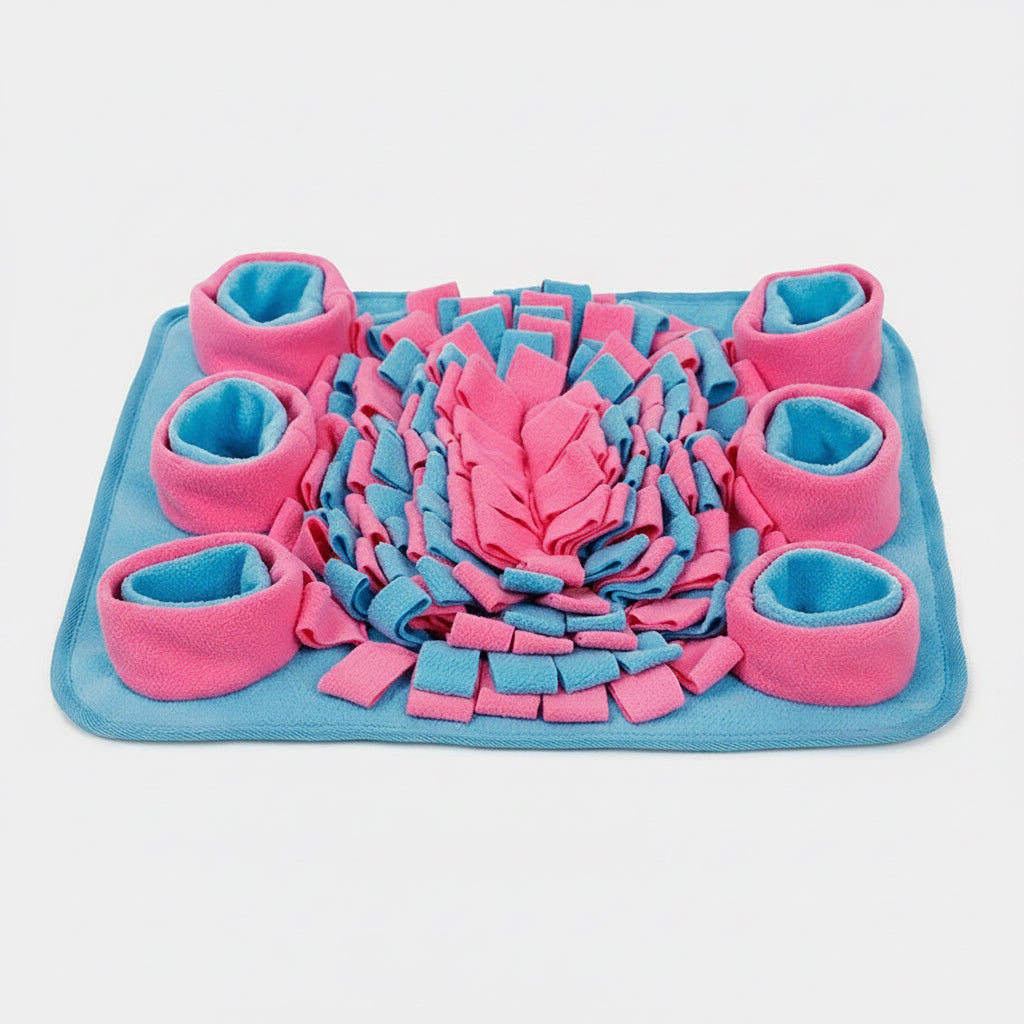 Pink and blue pet mat with rolled-up padding on a white background