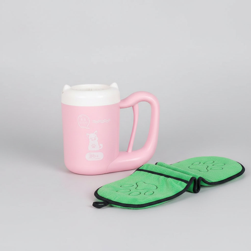 Pink mug  a green paw print towel