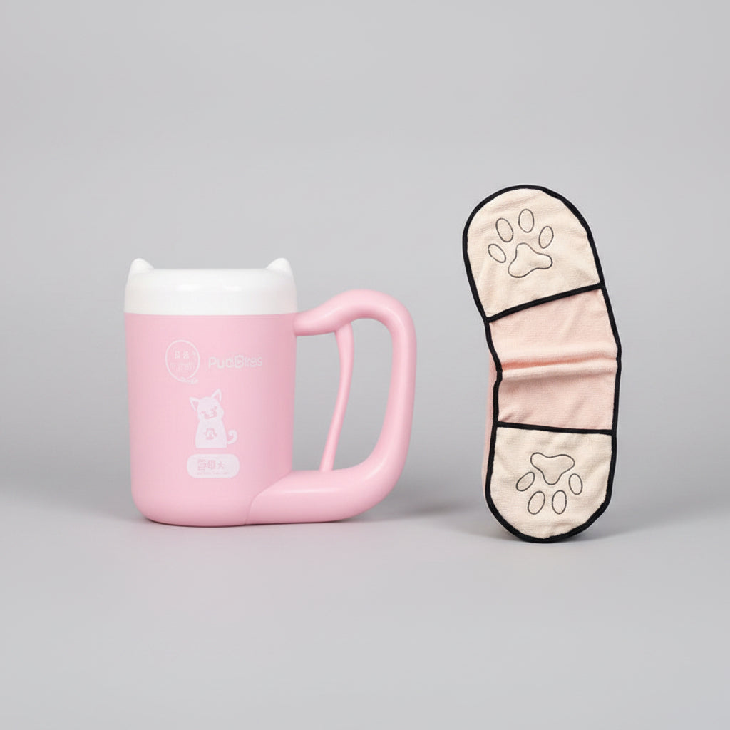 Pink mug with white paw print design on a wooden shelf, next to a matching oven mitt with paw prints.