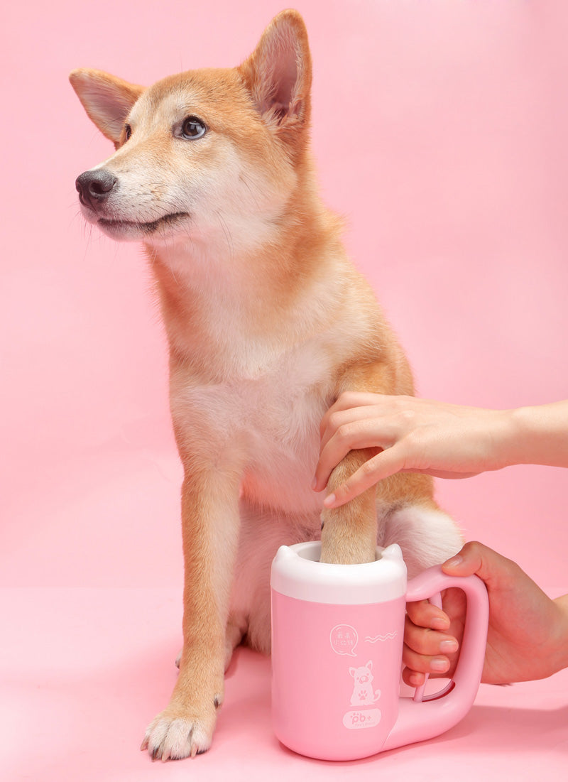 Dog with a pink mug on a pink background
