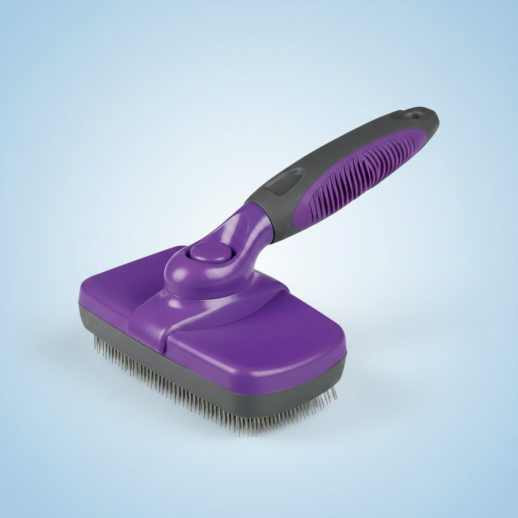 Purple pet grooming brush with black handle