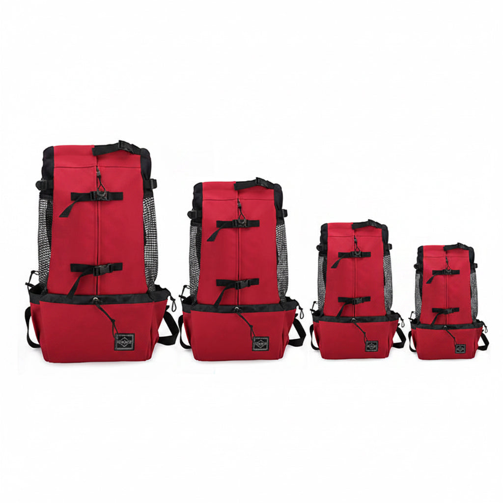 Four red backpacks with black straps