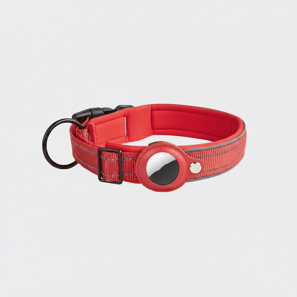 Red dog collar with a reflective strip on a white background