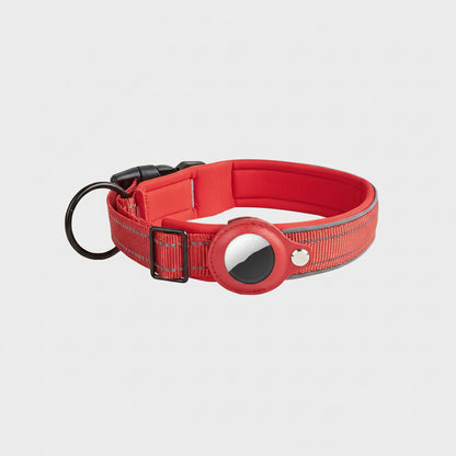 Red dog collar with a reflective strip on a white background