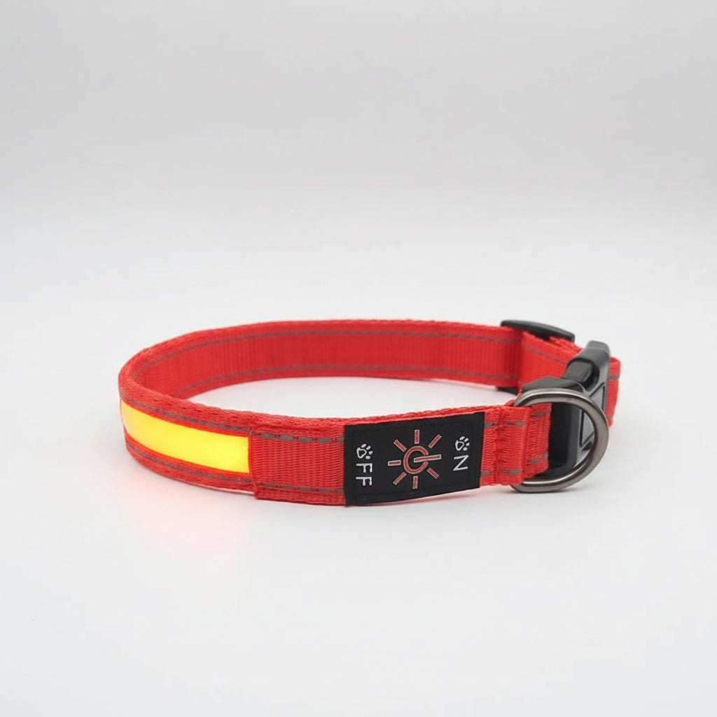 Red dog collar with a reflective strip and black label on a white background
