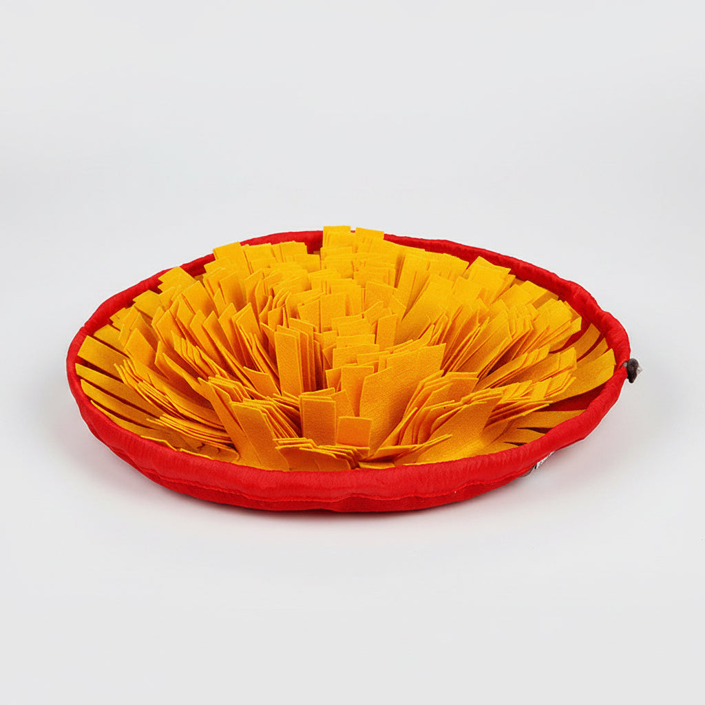 Red pet bed with yellow mesh cover on a white background