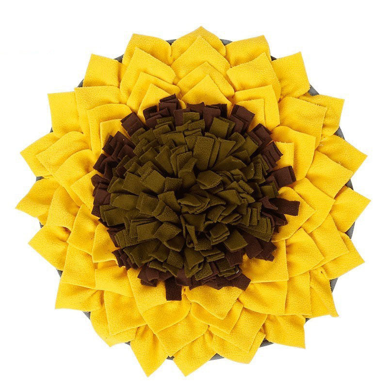 Sunflower-shaped pet mat with yellow petals and brown center on a white background