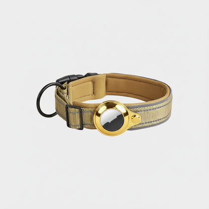 Tan dog collar with reflective strip on a white background