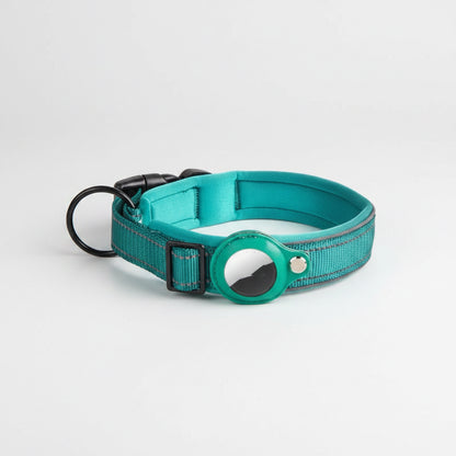 Teal dog collar with a reflective strip on a white background