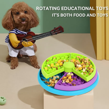 Dog playing with a rotating slower feeder that combines food and play elements.