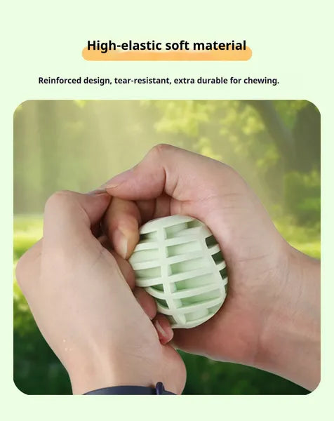 Person holding a green textured ball with text about high-elastic soft material and durability.