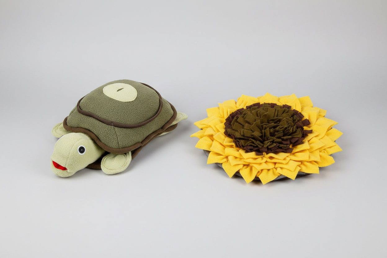 Tortoise-shaped plush toy on the left and sunflower-shaped plush toy on the right.