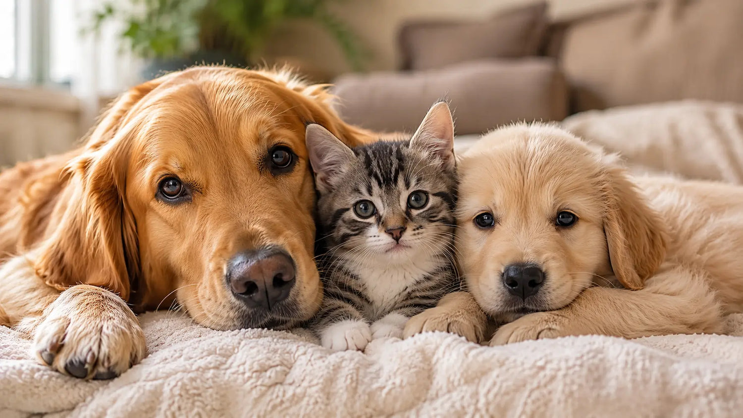 Dog, cat, and puppy lying together on a soft surface with a blurred background