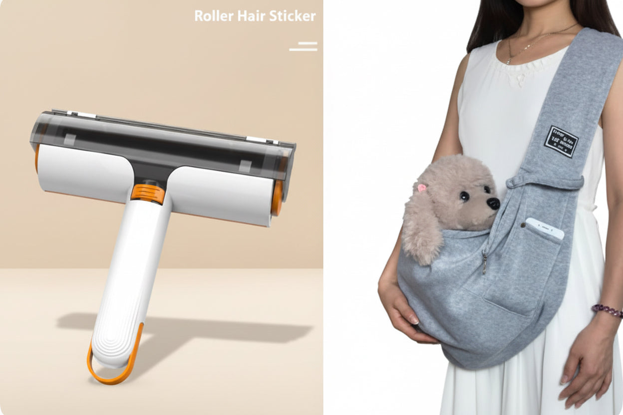 Roller hair sticker on a chair with a person holding a gray pet sling with a teddy bear.