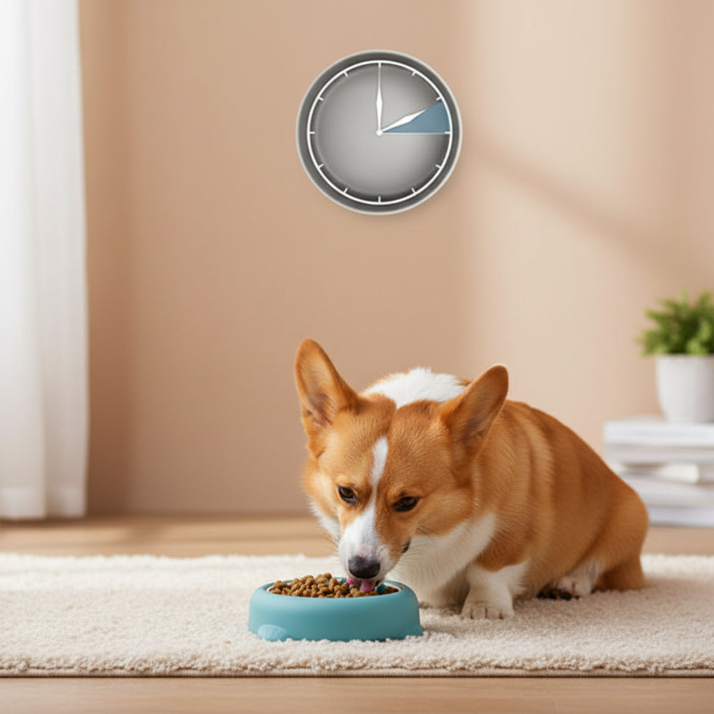 Dog with a teal dog toy and a clock on a white background
