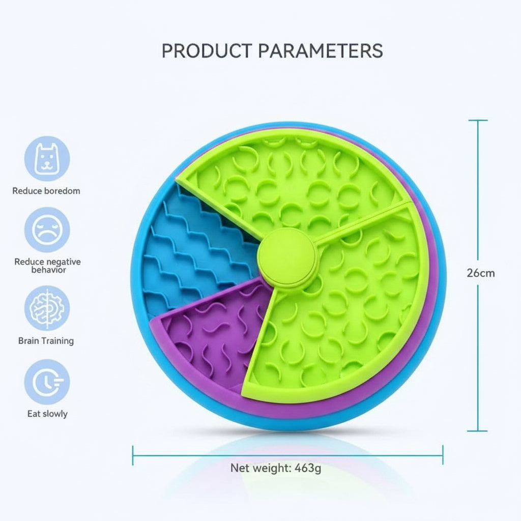 Colorful slow feeder with product parameters on a white background
