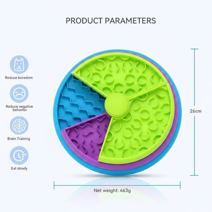 Colorful slow feeder with product parameters on a white background