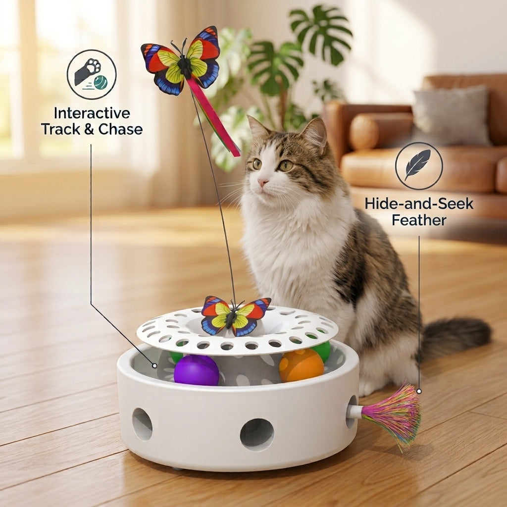 A calico and tabby cat watches a multi-functional interactive cat toy featuring a spinning ball track with purple and orange balls, a top-mounted butterfly wand, and a rainbow tassel feather. Callout icons label "Interactive Track & Chase" and "Hide-and-Seek Feather